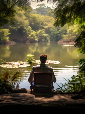 Man sitting on a bench by the lake and looking at nature.の素材