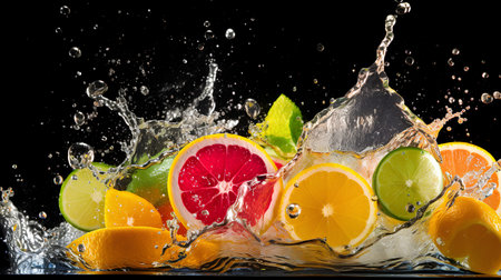 Variety of citrus fruit with water splash isolated on black background.の素材