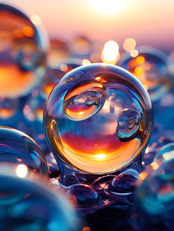 Colorful abstract macro photo of a soap bubble with water drops.の素材