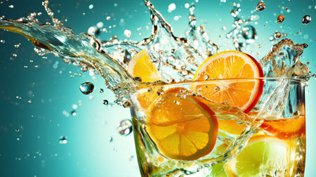 Fresh orange and lime slices falling into water with splash on blue backgroundの素材