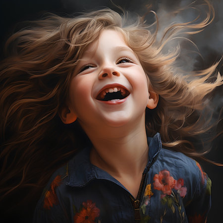 Portrait of happy smiling little girl with flying hair on black backgroundの素材