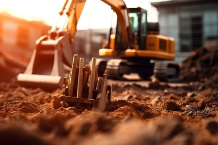 Excavator working on construction site at sunset, close-upの素材