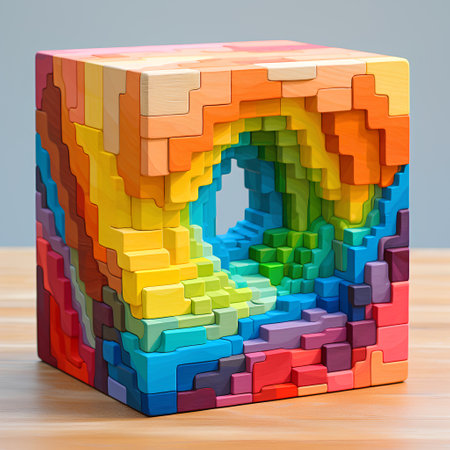 Colorful wooden cube puzzle on wooden background. 3d render illustrationの素材