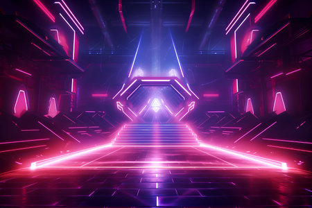 3D abstract background with neon lights. neon tunnel.space construction. 3d illustrationの素材