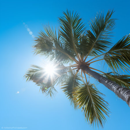Palm tree on blue sky background with sun rays and lens flareの素材