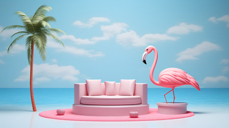 3d render of summer scene with pink flamingo and tropical islandの素材