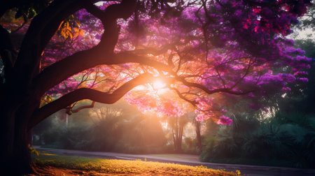 Beautiful blooming tree in the park at sunset. Nature backgroundの素材