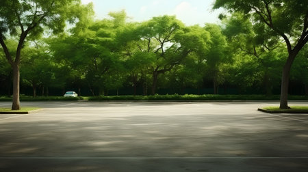 Parking lot with trees in the public park, closeup of photoの素材