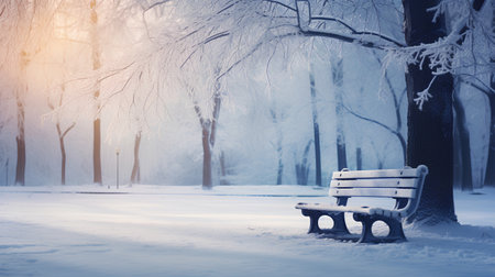 Bench in the park covered with snow. Winter season. Vintage tonedの素材