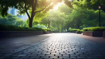 City park with green trees and paved road, asian beauty.の素材