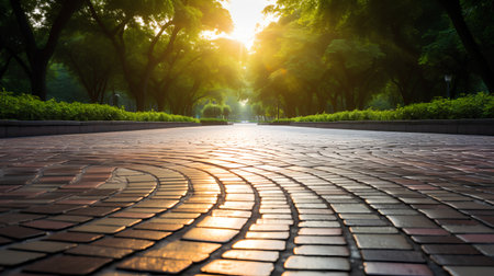 Cobblestone road in the park at sunset, perspective viewの素材