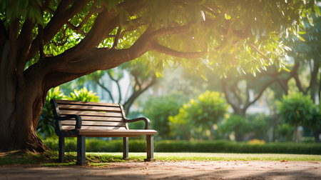 Bench under the tree in the park with sunlight. vintage tone.