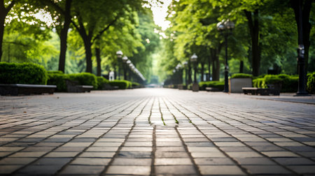 Cobblestone pavement in the park in the evening. Summer landscape.の素材