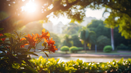 Beautiful flowers in the park at sunset. Natural background with copy space.の素材