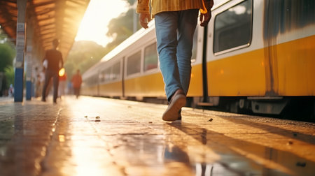 Man walking on the platform of a train station, motion blur.の素材