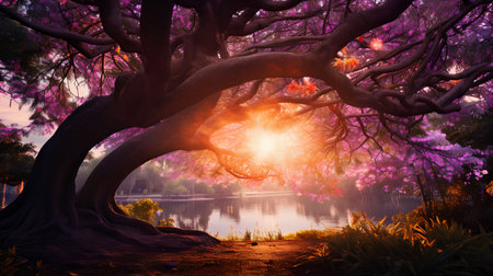 Fantasy landscape with beautiful blooming tree and lake. 3d renderの素材