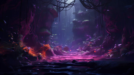 Fantasy dark forest with glowing neon lights. 3D illustration.の素材