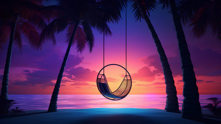 Hammock hanging on a palm tree at sunset. Vector illustrationの素材
