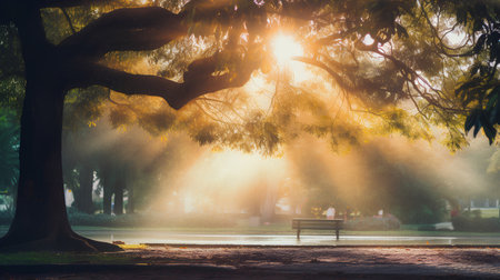 Morning in the city park. Sun rays through the tree branches.の素材