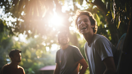 Group of friends laughing and having fun together in the park on sunny summer day.の素材