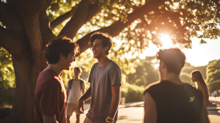 Group of young friends walking in the park on a sunny summer dayの素材
