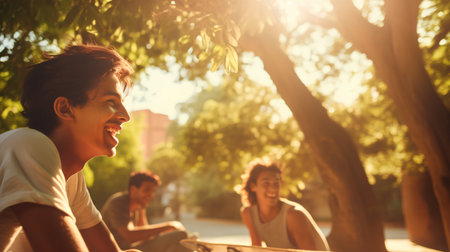 Group of happy friends having fun in the park on a sunny dayの素材
