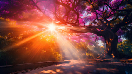 Beautiful spring landscape with sun rays shining through the branches of a treeの素材