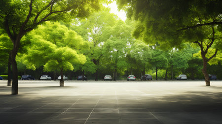 Park landscape with empty square floor and green trees, toned.の素材