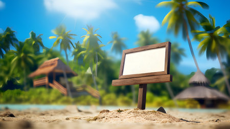 Blank wooden signboard on sandy beach. Summer vacation background.の素材