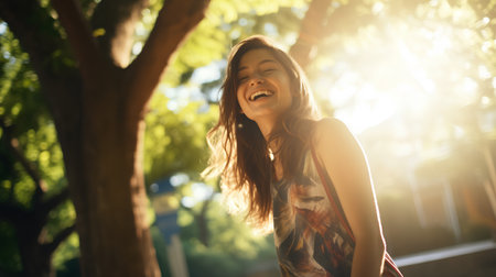 Portrait of a beautiful young woman laughing in the park at sunsetの素材