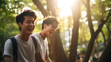 Happy asian man and woman walking together in the park, travel conceptの素材