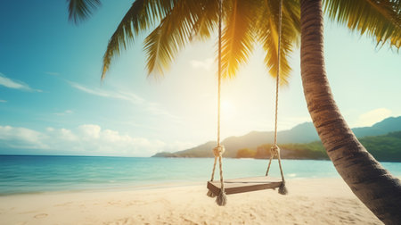 Wooden swing hanging on palm tree on sandy beach with sea backgroundの素材