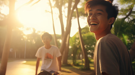 Young asian man and woman exercising in the park at sunset.の素材