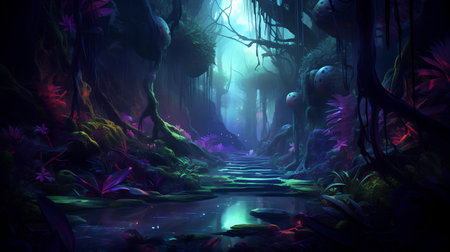 Fantasy dark forest. 3D illustration. Fantasy forest background.の素材
