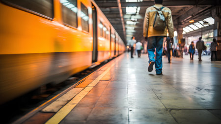Train station in motion blur with people walking on the platform. Shallow depth of field.の素材
