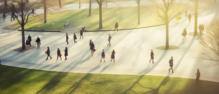 Aerial view of people walking in the park. Urban scene.の素材
