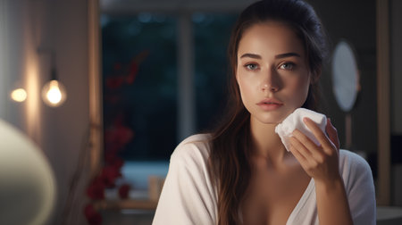 Beautiful young woman with a towel on her shoulder is cleaning her face in the morning.の素材