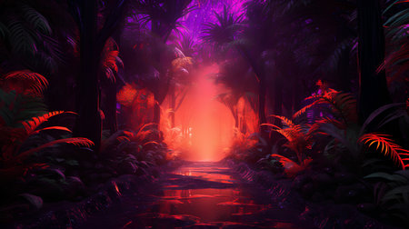 Fantasy dark forest with neon lights, 3d illustration, horizontalの素材