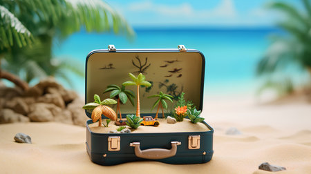Travel suitcase with palm trees on the beach. 3d illustration.の素材