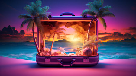 Travel suitcase with palm trees on the beach at sunset. 3d renderingの素材
