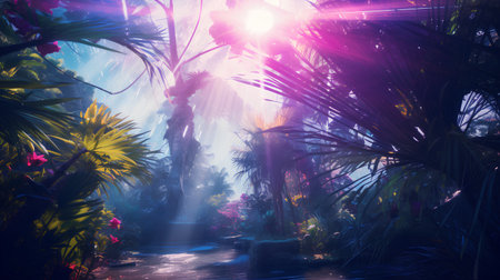 Tropical forest with palm trees and sunlight. 3d renderの素材