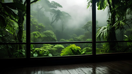 Tropical rainforest view from the window of a modern houseの素材
