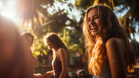 Portrait of a beautiful young woman with her friends in the backgroundの素材