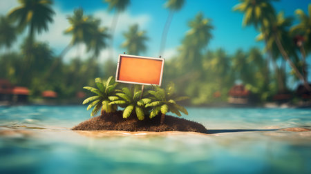 Tropical island with palm trees and blank signboard. 3d renderの素材