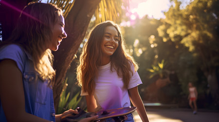 Two teenage girls with skateboards having fun in the park at sunsetの素材