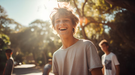 Cheerful young man walking in the park on a sunny dayの素材