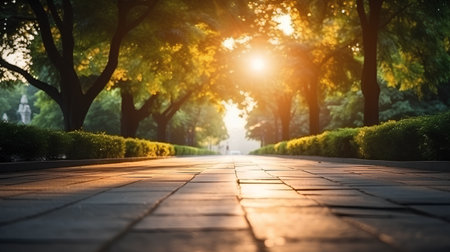 Tranquil pathway in the park at sunset, perspective viewの素材