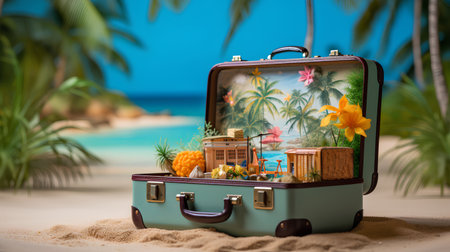 Travel suitcase with tropical beach on background. 3d rendering and illustration.の素材