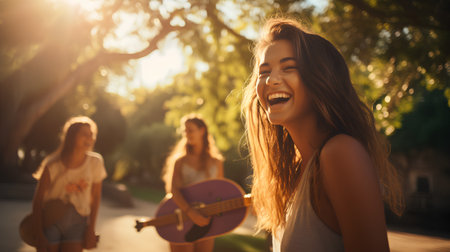 Happy young woman with ukulele and friends on background.の素材