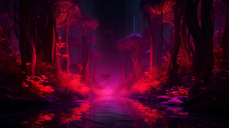 Fantasy dark forest and river with neon light. Vector illustration.の素材